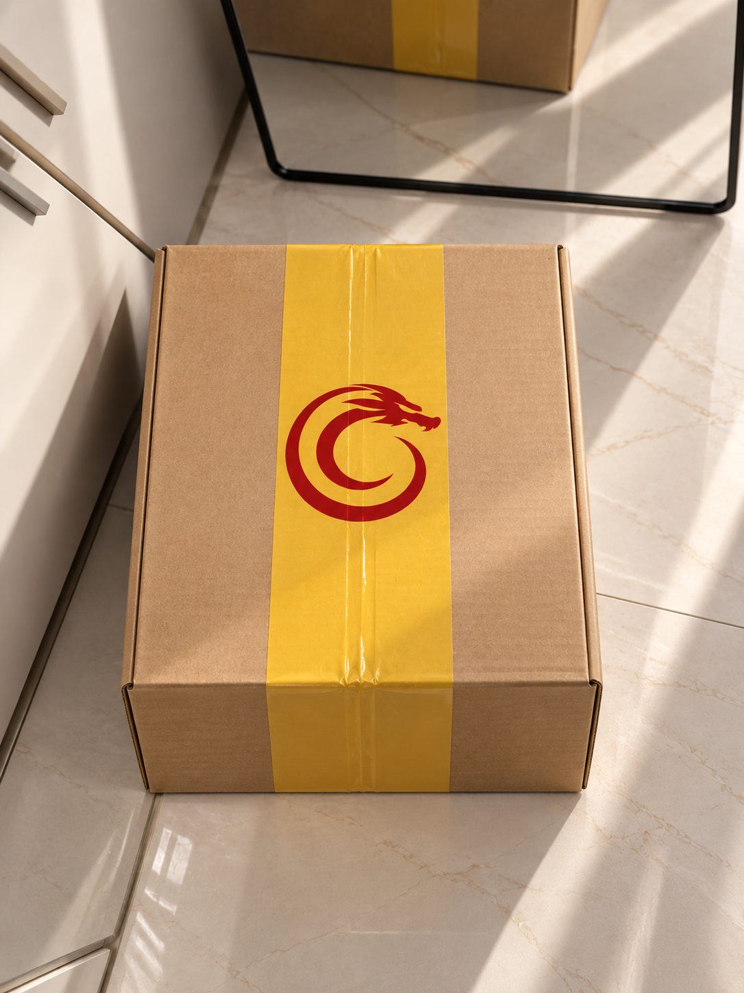 Kraft box sealed with branded tape before dispatch