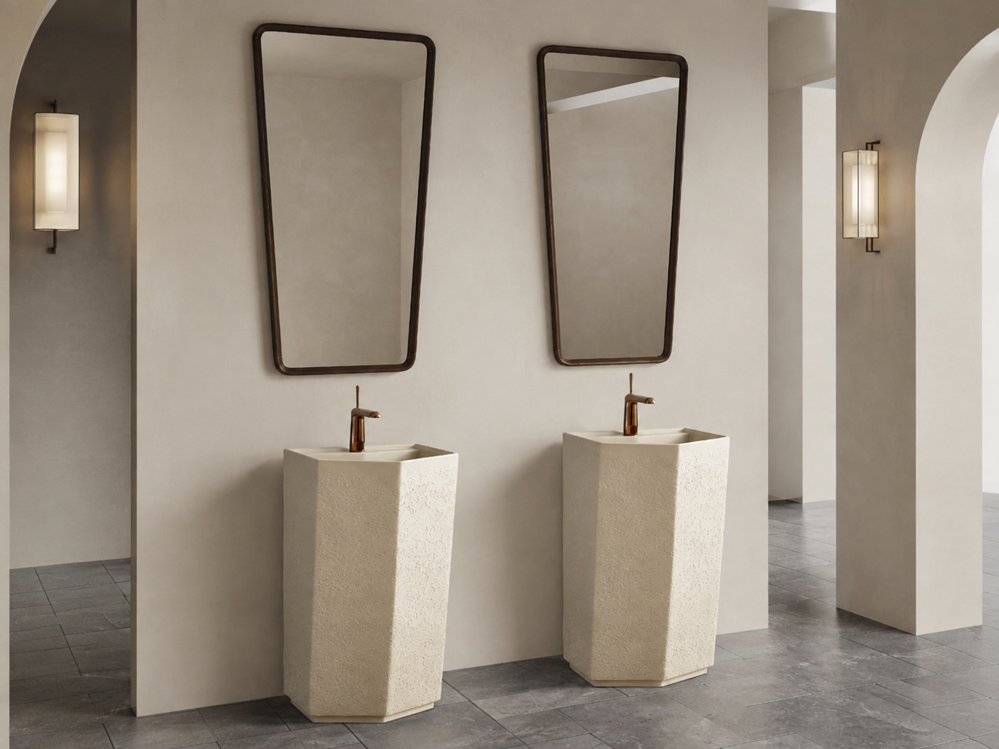 Visualización editorial de dos lavabos completos con griferías de bronce y espejos