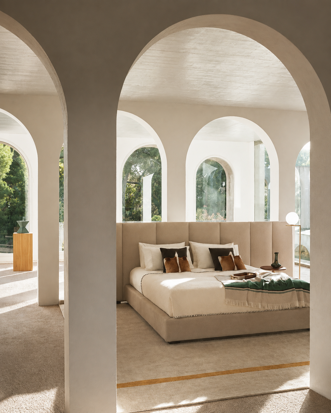 Visualización editorial del dormitorio con arcos, cama tapizada y textiles verdes